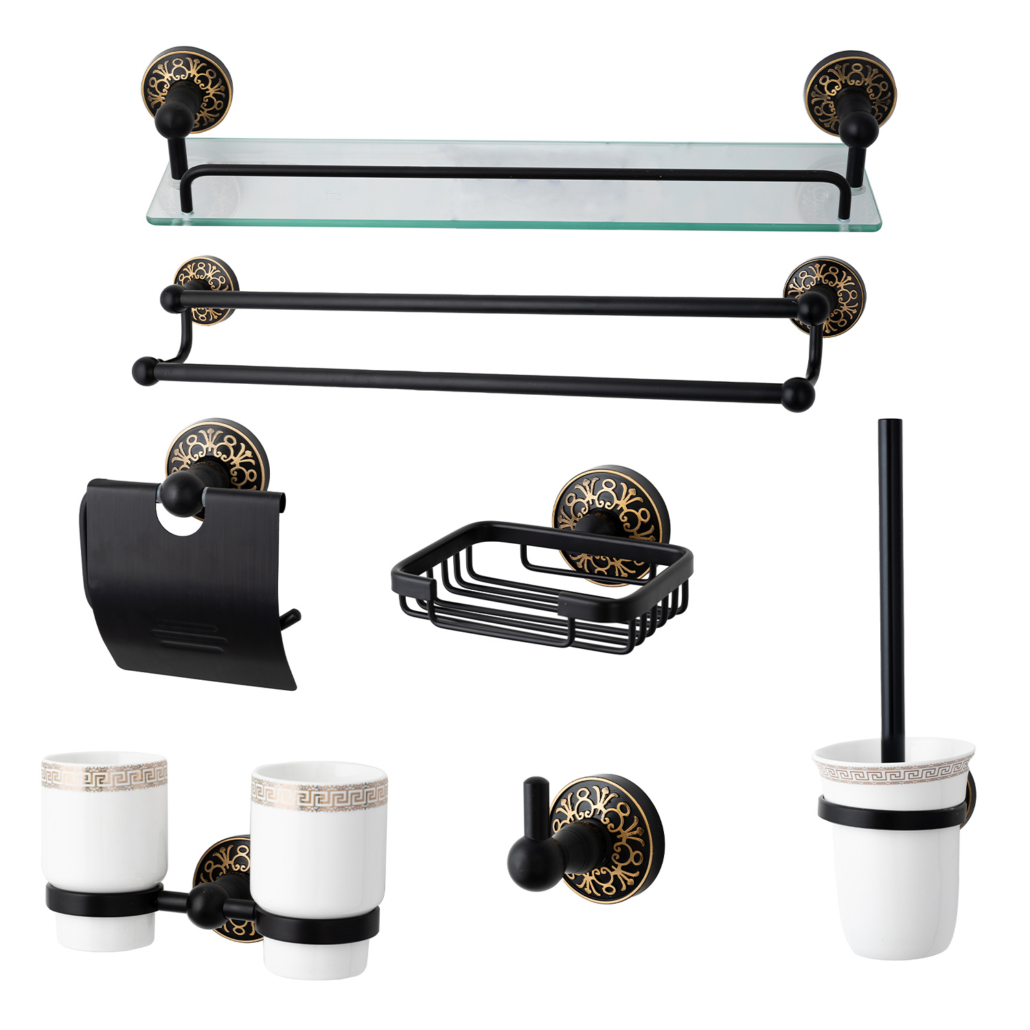 Set accesorii baie Venustar, cu sapte piese negru auriu