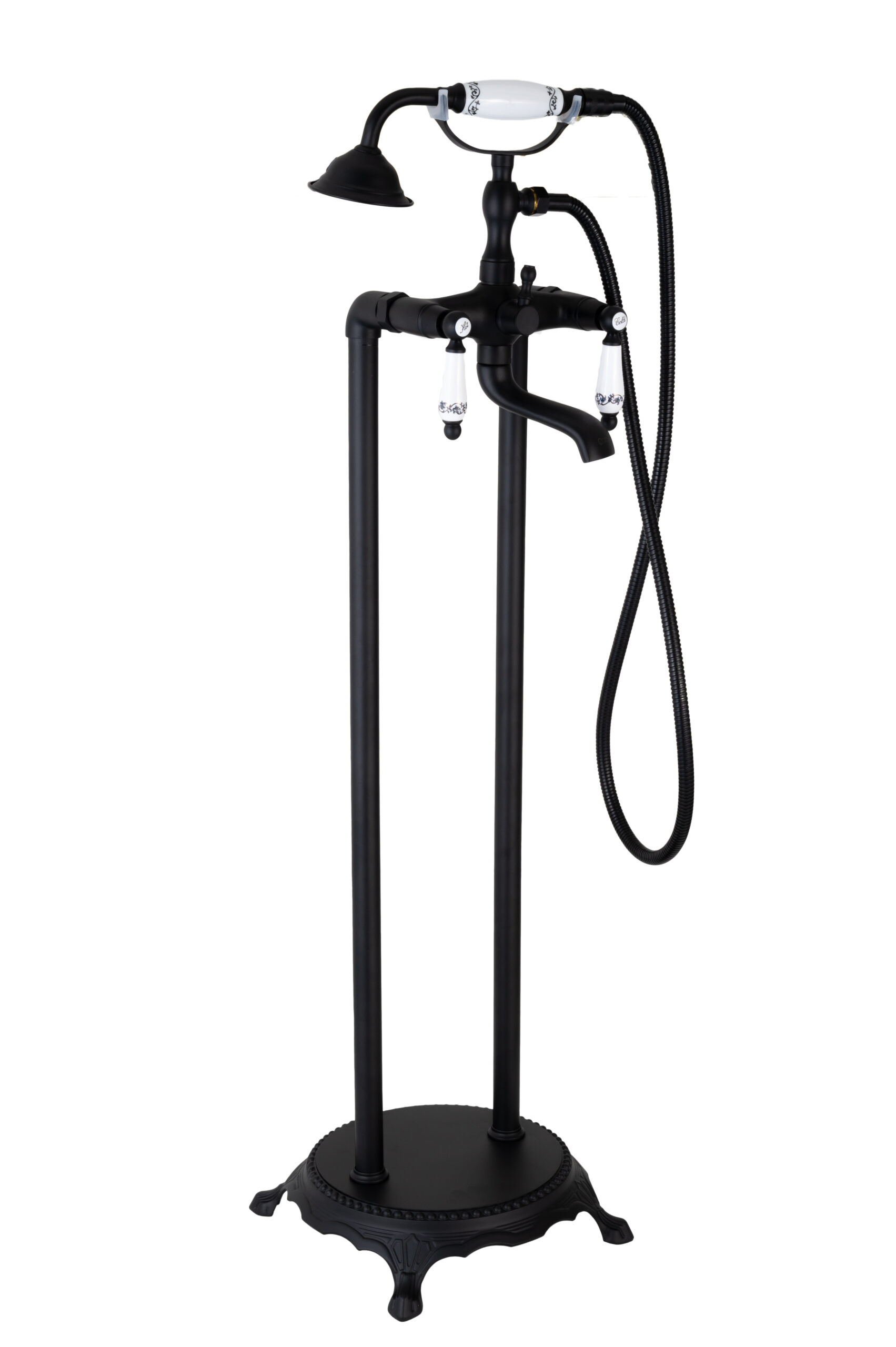 Baterie cada freestanding, Venustar,dubla comanda,negru mat,cu broderie ceramica