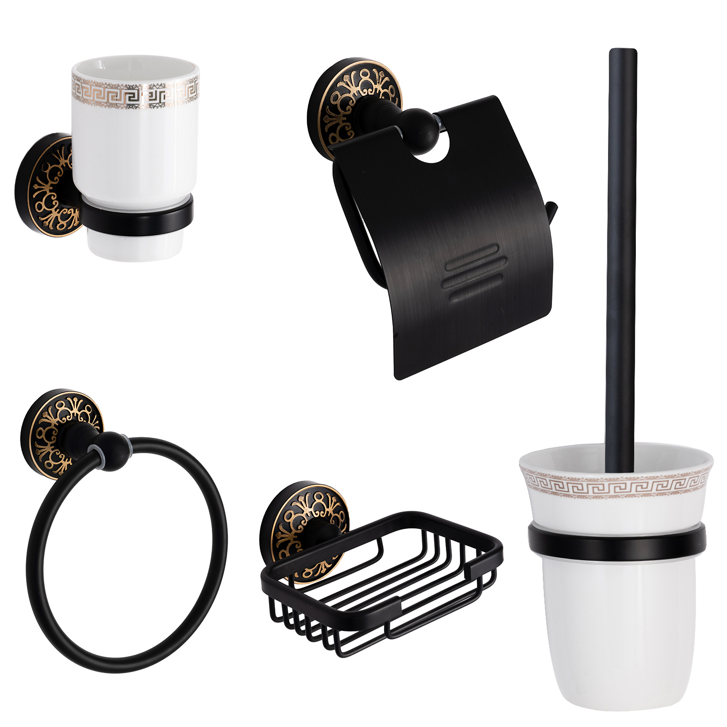 Set accesorii baie Venustar, 5 piese negru -auriu