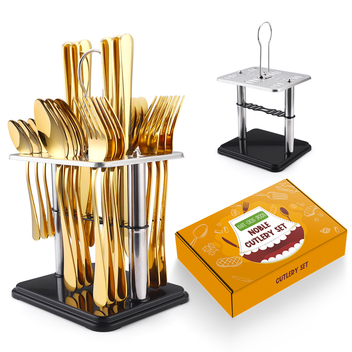 Set 24 tacamuri din inox,pentru 6 persoane, cu suport ,TRENDY’S,auriu (1) Set 24 tacamuri din inox,pentru 6 persoane, cu suport din inox , Venustar,auriu - imagine 1