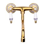 Baterie bucatarie Venustar, montare pe perete, gold, cu broderie ceramica - imagine 4