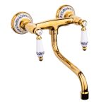 Baterie bucatarie Venustar, montare pe perete, gold, cu broderie ceramica