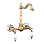 Baterie bucatarie Venustar, montare pe perete, tip lebada, bronz antichizat cu broderie ceramica