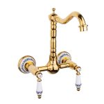 Baterie bucatarie Venustar, montare pe perete, tip lebada, gold, cu broderie ceramica