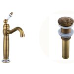 Baterie lavoar, Venustar, montare pe blat.bronz antichizat cu broderie ceramica+Ventil evacuare lavoar, bronz antichizat cu broderie
