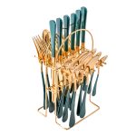 Set tacamuri stainless stell, 24 piese, cu suport, Venustar, verde-gold - imagine 3