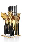 Set tacamuri stainless stell,24 piese, cu suport, Venustar, black-gold - imagine 2