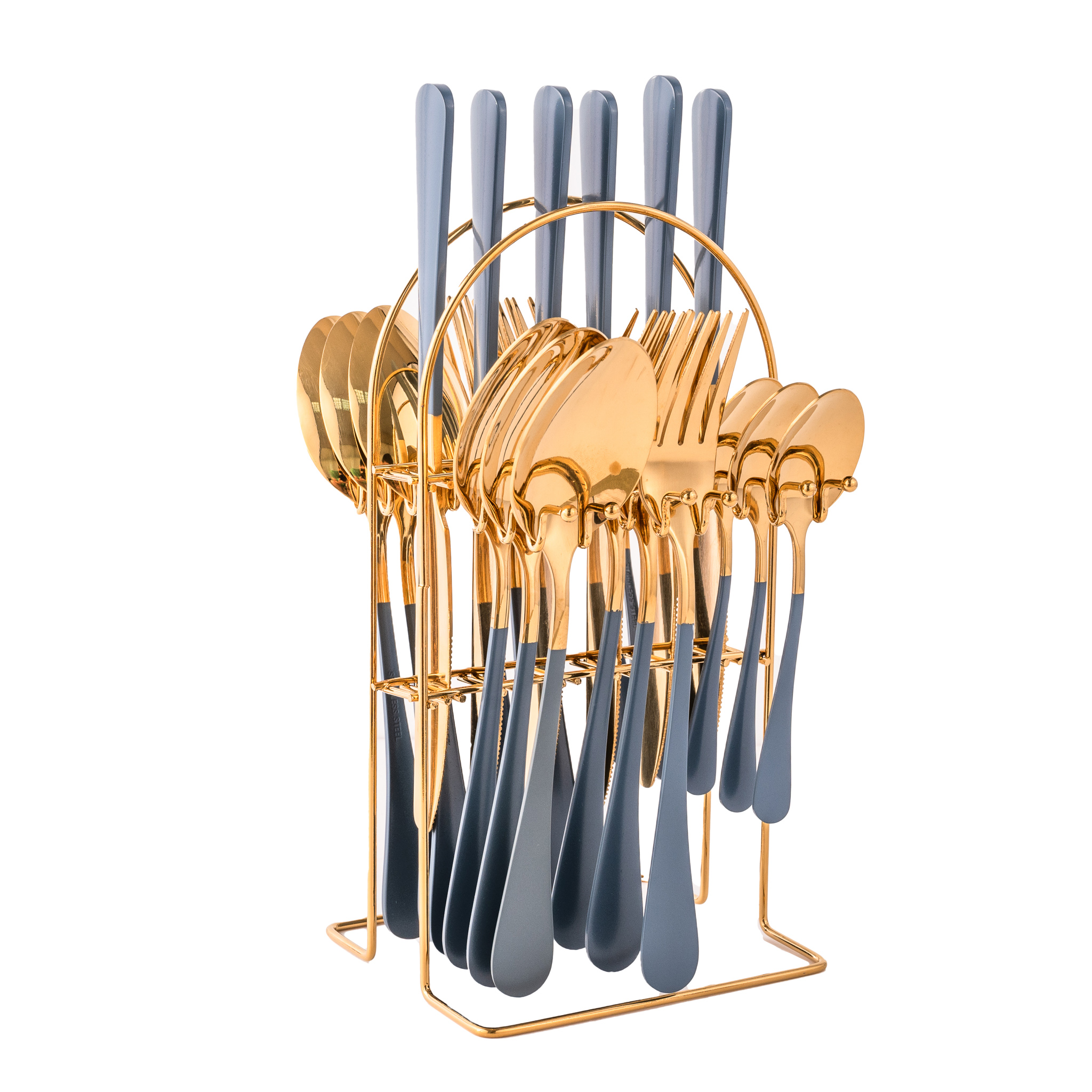 Set tacamuri stainless stell,24 piese, cu suport, TRENDY’S, gri-gold (3) Set tacamuri stainless stell,24 piese, cu suport, Venustar, gri-gold - imagine 1