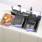 Chiuveta multifunctionala inox VENUS STAR, cu led, baterie apa purificata si dozator sapun lichid incorporat si suport cutite 75 x 46 cm VNS CVT11 - imagine 4